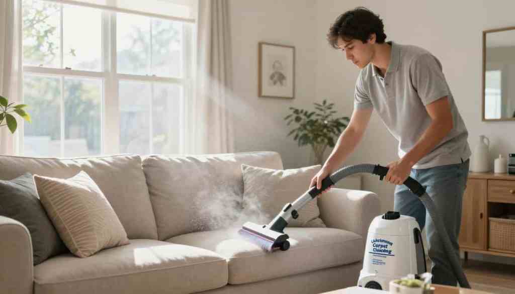 A bright, inviting living room during allergy season, featuring a clean sofa with decorative pillows. In the foreground, include a professional cleaner from "Lake Geneva Carpet Cleaning" in modest casual attire, using a high-quality upholstery cleaning machine, focused on the sofa. The middle ground showcases clean, allergen-free air, with light beams illuminating dust particles, creating a sense of freshness. In the background, a window reveals a sunny day outside, symbolizing a healthy home environment. Use natural lighting to enhance warmth and comfort, with a shallow depth of field to emphasize the cleaning process. Capture a mood of tranquility and health, illustrating the importance of maintaining a clean home for allergy relief.