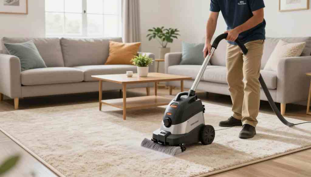 A clean and cozy living room scene featuring a freshly cleaned carpet in soft beige tones, demonstrating the results of a professional carpet cleaning service. In the foreground, a friendly technician from Lake Geneva Carpet Cleaning, wearing a polo shirt and khaki pants, operates a carpet cleaning machine, showcasing an affordable approach to maintaining carpets. The middle ground displays a stylish sofa with colorful cushions and a small coffee table decorated with a potted plant, giving a homey feel. The background consists of a bright window letting in natural light, enhancing the overall warmth of the room. The lighting is soft and inviting, creating a serene atmosphere, perfect for illustrating the importance of carpet maintenance between professional cleanings.
