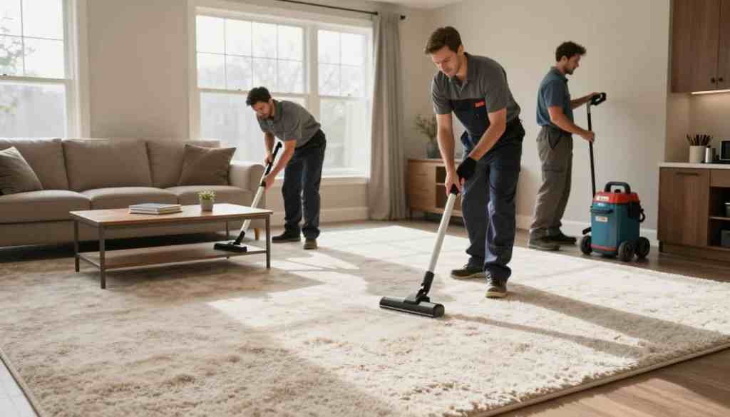 A cozy living room prepared for professional carpet cleaning by Lake Geneva Carpet Cleaning. In the foreground, a well-maintained, plush carpet shows signs of vacuuming, with furniture like a sofa and coffee table moved aside, revealing the carpet underneath. The middle ground features friendly, professional carpet cleaners in business attire, actively prepping the space—one is inspecting the carpet while the other arranges cleaning equipment neatly by the wall. In the background, soft natural light streams in through large windows, casting a warm glow across the room and creating a welcoming atmosphere. The scene conveys a sense of cleanliness, professionalism, and readiness for a thorough cleaning service, evoking trust and reliability in the viewer.