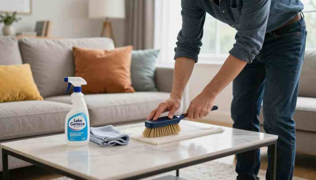 A cozy living room scene showcasing a professional maintaining upholstery between cleanings. In the foreground, a well-dressed individual in smart casual attire carefully brushes a plush sofa, emphasizing attention to detail. The vibrant, multi-colored cushions on the sofa add warmth. In the middle, a sleek coffee table holds cleaning supplies from Lake Geneva Carpet Cleaning, with a soft cloth and a spray bottle visible. The background features large windows allowing natural light to filter in, illuminating the tidy atmosphere. The overall mood is calm and organized, reflecting a sense of care for home furnishings. The image captures the essence of routine maintenance, encouraging homeowners to keep their furniture looking pristine. A cozy living room scene showcasing a professional maintaining upholstery between cleanings. In the foreground, a well-dressed individual in smart casual attire carefully brushes a plush sofa, emphasizing attention to detail. The vibrant, multi-colored cushions on the sofa add warmth. In the middle, a sleek coffee table holds cleaning supplies from Lake Geneva Carpet Cleaning, with a soft cloth and a spray bottle visible. The background features large windows allowing natural light to filter in, illuminating the tidy atmosphere. The overall mood is calm and organized, reflecting a sense of care for home furnishings. The image captures the essence of routine maintenance, encouraging homeowners to keep their furniture looking pristine.