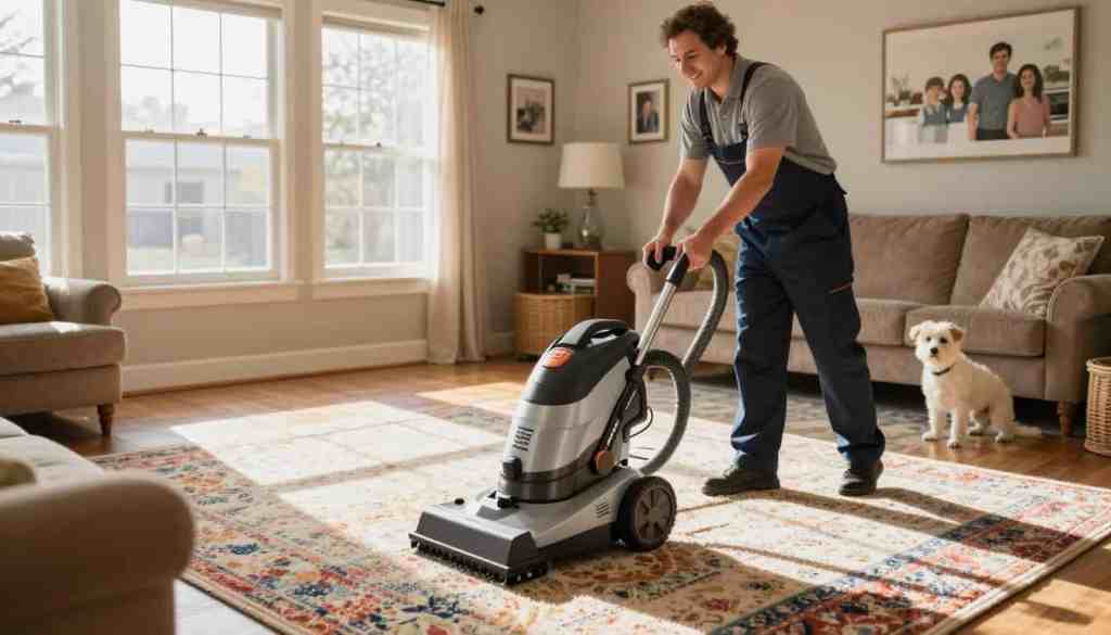 A friendly, professional carpet cleaner in a modest uniform operates a powerful carpet cleaning machine in a cozy Fontana WI family living room, emphasizing the advantages of local services. The foreground shows the cleaner skillfully maneuvering the machine over a colorful, well-maintained carpet with deep textures. In the middle, a spacious, inviting room with sunlight streaming through large windows, illuminating the freshly cleaned area and casting soft shadows, enhances the warm atmosphere. In the background, family photos and a playful dog reflect the homey environment. The composition is cozy, fostering trust and comfort, embodied by the brand name "Lake Geneva Carpet Cleaning" displayed subtly on the equipment. The lighting is bright but soft, creating an inviting and effective visual narrative about local carpet cleaning benefits. A friendly, professional carpet cleaner in a modest uniform operates a powerful carpet cleaning machine in a cozy Fontana WI family living room, emphasizing the advantages of local services. The foreground shows the cleaner skillfully maneuvering the machine over a colorful, well-maintained carpet with deep textures. In the middle, a spacious, inviting room with sunlight streaming through large windows, illuminating the freshly cleaned area and casting soft shadows, enhances the warm atmosphere. In the background, family photos and a playful dog reflect the homey environment. The composition is cozy, fostering trust and comfort, embodied by the brand name "Lake Geneva Carpet Cleaning" displayed subtly on the equipment. The lighting is bright but soft, creating an inviting and effective visual narrative about local carpet cleaning benefits.