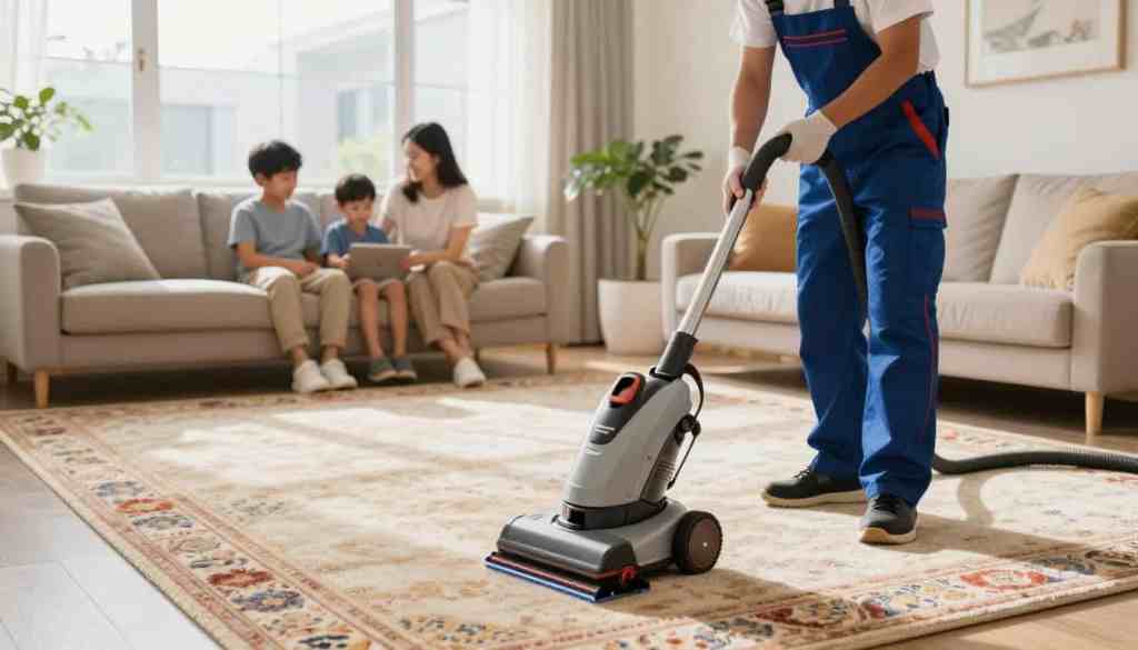 A professional carpet cleaning scene set in a bright, modern living room with beautifully cleaned carpets, showcasing the brand "Lake Geneva Carpet Cleaning." In the foreground, a well-dressed technician, wearing a neat uniform, is using a state-of-the-art carpet cleaning machine, concentrating on a spot with intricate patterns on the carpet. The middle ground features a family enjoying their clean surroundings, giving a sense of satisfaction and peace. In the background, large windows let in soft, natural light that highlights the cleanliness and texture of the carpets. The atmosphere is inviting and serene, emphasizing professionalism and trustworthiness, avoiding common mistakes like rushing or overlooking details in the cleaning process. Capture a feeling of safety and reliability in this professional environment, with vibrant colors and a warm, welcoming ambiance. A professional carpet cleaning scene set in a bright, modern living room with beautifully cleaned carpets, showcasing the brand "Lake Geneva Carpet Cleaning." In the foreground, a well-dressed technician, wearing a neat uniform, is using a state-of-the-art carpet cleaning machine, concentrating on a spot with intricate patterns on the carpet. The middle ground features a family enjoying their clean surroundings, giving a sense of satisfaction and peace. In the background, large windows let in soft, natural light that highlights the cleanliness and texture of the carpets. The atmosphere is inviting and serene, emphasizing professionalism and trustworthiness, avoiding common mistakes like rushing or overlooking details in the cleaning process. Capture a feeling of safety and reliability in this professional environment, with vibrant colors and a warm, welcoming ambiance.