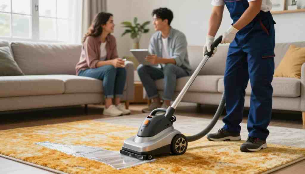 A professional carpet cleaning service in action, featuring a technician wearing a neat uniform and gloves, diligently using a modern carpet cleaning machine on a plush, vibrant area rug. In the foreground, show sparkling clean sections of the carpet contrasted with areas that still need cleaning, highlighting effectiveness. In the middle ground, the technician interacts with a friendly customer, discussing service options in an inviting, well-lit living room adorned with cozy furnishings. In the background, a window allows natural light to filter in, enhancing the fresh atmosphere. The overall mood is positive and reliable, with the brand "Lake Geneva Carpet Cleaning" subtly integrated into the scene, suggesting high-quality, affordable service. Use soft lighting to create an approachable, professional vibe. A professional carpet cleaning service in action, featuring a technician wearing a neat uniform and gloves, diligently using a modern carpet cleaning machine on a plush, vibrant area rug. In the foreground, show sparkling clean sections of the carpet contrasted with areas that still need cleaning, highlighting effectiveness. In the middle ground, the technician interacts with a friendly customer, discussing service options in an inviting, well-lit living room adorned with cozy furnishings. In the background, a window allows natural light to filter in, enhancing the fresh atmosphere. The overall mood is positive and reliable, with the brand "Lake Geneva Carpet Cleaning" subtly integrated into the scene, suggesting high-quality, affordable service. Use soft lighting to create an approachable, professional vibe.