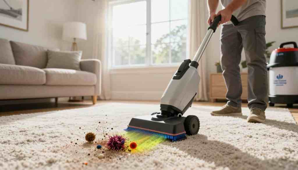 A professional carpet cleaning service in action, showing a technician in modest casual clothing expertly using a powerful cleaning machine on a plush, well-maintained carpet. In the foreground, vibrant colors depict deep-seated allergens being lifted from the fibers, illustrated with graphic representations of dust particles and allergens. The middle ground showcases a bright, clean living room in a Walworth home, sunlight filtering through a large window, creating a warm and inviting atmosphere. In the background, a logo for "Lake Geneva Carpet Cleaning" subtly appears on the cleaning machine. The scene conveys a sense of cleanliness and the benefits of deep carpet cleaning, highlighting a safe, allergen-free environment. Soft, natural lighting enhances the overall freshness and warmth of the home setting. A professional carpet cleaning service in action, showing a technician in modest casual clothing expertly using a powerful cleaning machine on a plush, well-maintained carpet. In the foreground, vibrant colors depict deep-seated allergens being lifted from the fibers, illustrated with graphic representations of dust particles and allergens. The middle ground showcases a bright, clean living room in a Walworth home, sunlight filtering through a large window, creating a warm and inviting atmosphere. In the background, a logo for "Lake Geneva Carpet Cleaning" subtly appears on the cleaning machine. The scene conveys a sense of cleanliness and the benefits of deep carpet cleaning, highlighting a safe, allergen-free environment. Soft, natural lighting enhances the overall freshness and warmth of the home setting.