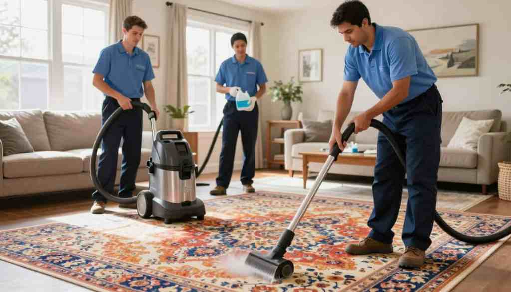 A professional carpet cleaning team from Lake Geneva Carpet Cleaning, dressed in neat uniforms, is actively working in a well-lit, spacious living room. In the foreground, one technician is using a high-tech steam cleaning machine, showcasing their skilled technique on a vibrant, patterned carpet. In the middle ground, another team member is preparing cleaning solutions and tools, emphasizing readiness and professionalism. The background features a cozy living space with tasteful decor, emphasizing the care taken in maintaining rental properties. Bright, natural light streams through large windows, illuminating the scene and creating a clean, inviting atmosphere. This image captures the essence of professionalism and the benefits of carpet cleaning in high-traffic areas, perfect for rental property owners. A professional carpet cleaning team from Lake Geneva Carpet Cleaning, dressed in neat uniforms, is actively working in a well-lit, spacious living room. In the foreground, one technician is using a high-tech steam cleaning machine, showcasing their skilled technique on a vibrant, patterned carpet. In the middle ground, another team member is preparing cleaning solutions and tools, emphasizing readiness and professionalism. The background features a cozy living space with tasteful decor, emphasizing the care taken in maintaining rental properties. Bright, natural light streams through large windows, illuminating the scene and creating a clean, inviting atmosphere. This image captures the essence of professionalism and the benefits of carpet cleaning in high-traffic areas, perfect for rental property owners.