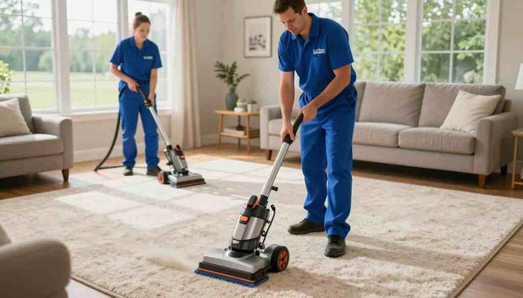 A professional carpet cleaning team from Lake Geneva Carpet Cleaning is actively working in a well-lit living room in Walworth, WI. In the foreground, a technician in a blue uniform uses a high-tech carpet cleaning machine on a plush, beige carpet, showcasing the process of deep cleaning. The middle ground features a clean, organized room with tasteful furniture and bright, natural light streaming through large windows, enhancing the welcoming atmosphere. In the background, you can see a glimpse of lush greenery outside, indicative of the Wisconsin landscape. The overall mood is fresh, professional, and efficient, capturing the essence of a thorough carpet cleaning appointment. The scene is shot from a slightly elevated angle to provide a clear view of both the cleaning process and its pleasant surroundings. A professional carpet cleaning team from Lake Geneva Carpet Cleaning is actively working in a well-lit living room in Walworth, WI. In the foreground, a technician in a blue uniform uses a high-tech carpet cleaning machine on a plush, beige carpet, showcasing the process of deep cleaning. The middle ground features a clean, organized room with tasteful furniture and bright, natural light streaming through large windows, enhancing the welcoming atmosphere. In the background, you can see a glimpse of lush greenery outside, indicative of the Wisconsin landscape. The overall mood is fresh, professional, and efficient, capturing the essence of a thorough carpet cleaning appointment. The scene is shot from a slightly elevated angle to provide a clear view of both the cleaning process and its pleasant surroundings.