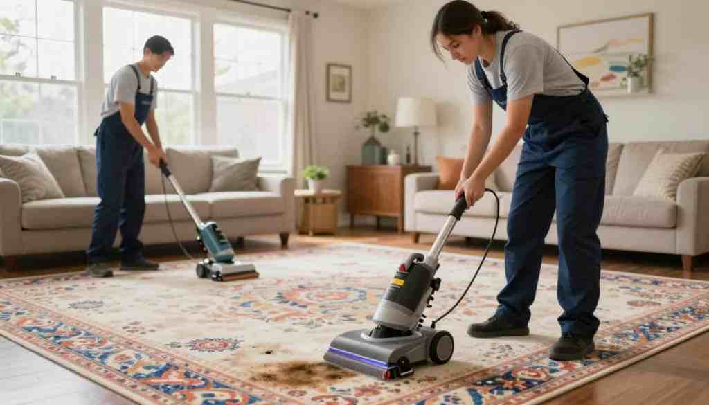 A professional carpet cleaning team from Lake Geneva Carpet Cleaning is actively working in a bright and inviting Fontana home, showcasing their expertise in high-traffic carpet restoration. In the foreground, a technician in smart business attire uses a high-tech carpet cleaning machine, expertly removing stains while showcasing eco-friendly cleaning solutions. In the middle ground, a well-maintained carpet with vibrant colors and textures illustrates the effectiveness of their restoration techniques. The background features a cozy living room with large windows allowing natural light to flood in, creating a warm and welcoming atmosphere. Soft, diffused lighting enhances the scene, emphasizing the cleanliness and freshness of the space. The overall mood conveys professionalism, care for the environment, and an inviting atmosphere ideal for vacation rentals and family homes. A professional carpet cleaning team from Lake Geneva Carpet Cleaning is actively working in a bright and inviting Fontana home, showcasing their expertise in high-traffic carpet restoration. In the foreground, a technician in smart business attire uses a high-tech carpet cleaning machine, expertly removing stains while showcasing eco-friendly cleaning solutions. In the middle ground, a well-maintained carpet with vibrant colors and textures illustrates the effectiveness of their restoration techniques. The background features a cozy living room with large windows allowing natural light to flood in, creating a warm and welcoming atmosphere. Soft, diffused lighting enhances the scene, emphasizing the cleanliness and freshness of the space. The overall mood conveys professionalism, care for the environment, and an inviting atmosphere ideal for vacation rentals and family homes.