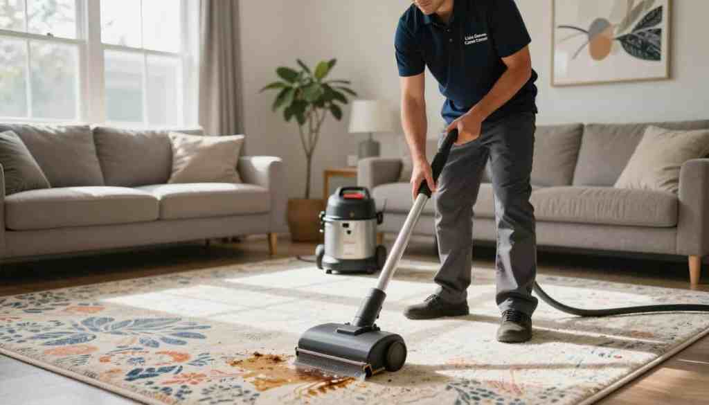 A professional carpet cleaning technician from Lake Geneva Carpet Cleaning is diligently working on a vibrant, textured carpet in a modern Walworth WI home. Foreground: The technician, dressed in a branded polo shirt and smart casual trousers, uses a high-end carpet cleaning machine, focusing on a stubborn stain. Middle ground: The living room features comfortable furniture, a cozy ambiance, and sunlight streaming in through a large window, casting soft shadows. Background: Tasteful decor, including a potted plant and wall artwork, enhances the homey feel. Natural light illuminates the scene, highlighting the cleanliness and freshness of the carpet. The overall mood is one of professionalism and reliability, enticing homeowners to consider expert carpet cleaning services for maintaining their homes. A professional carpet cleaning technician from Lake Geneva Carpet Cleaning is diligently working on a vibrant, textured carpet in a modern Walworth WI home. Foreground: The technician, dressed in a branded polo shirt and smart casual trousers, uses a high-end carpet cleaning machine, focusing on a stubborn stain. Middle ground: The living room features comfortable furniture, a cozy ambiance, and sunlight streaming in through a large window, casting soft shadows. Background: Tasteful decor, including a potted plant and wall artwork, enhances the homey feel. Natural light illuminates the scene, highlighting the cleanliness and freshness of the carpet. The overall mood is one of professionalism and reliability, enticing homeowners to consider expert carpet cleaning services for maintaining their homes.