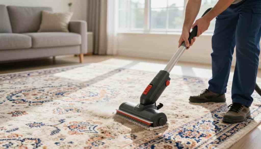 A professional carpet cleaning technician from Lake Geneva Carpet Cleaning is using expert techniques to protect delicate carpet backings. In the foreground, a focused technician demonstrates the use of a high-quality carpet cleaning machine, featuring precision tools that delicately lift dirt and grime without damaging fibers. In the middle, plush carpets display intricate patterns and colors, emphasizing their delicate nature. The background is a well-lit living room, highlighting soft natural lighting filtering through large windows, casting gentle shadows. The mood is one of care and professionalism, showcasing the importance of protecting carpets through meticulous cleaning methods. The overall composition captures the essence of expert cleaning techniques in a welcoming home environment. A professional carpet cleaning technician from Lake Geneva Carpet Cleaning is using expert techniques to protect delicate carpet backings. In the foreground, a focused technician demonstrates the use of a high-quality carpet cleaning machine, featuring precision tools that delicately lift dirt and grime without damaging fibers. In the middle, plush carpets display intricate patterns and colors, emphasizing their delicate nature. The background is a well-lit living room, highlighting soft natural lighting filtering through large windows, casting gentle shadows. The mood is one of care and professionalism, showcasing the importance of protecting carpets through meticulous cleaning methods. The overall composition captures the essence of expert cleaning techniques in a welcoming home environment.