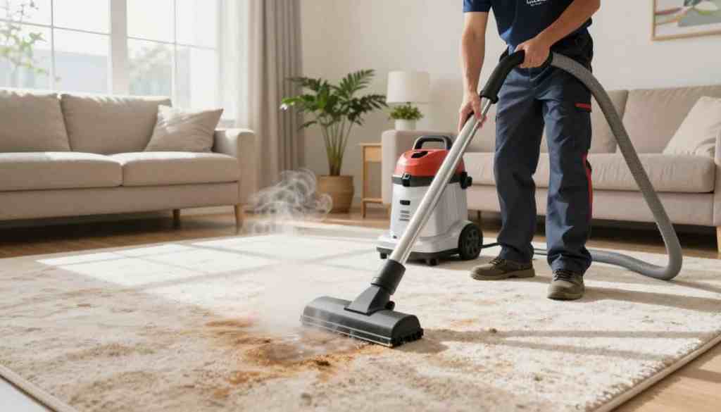 A professional carpet cleaning technician in a bright, tidy living room, demonstrating hot water extraction on a deep-stained carpet. The technician, clad in a business uniform with the brand "Lake Geneva Carpet Cleaning" clearly visible, uses a modern carpet cleaning machine with steam visibly rising from the extraction nozzle. In the foreground, focus on the carpet being cleaned, showcasing a before-and-after effect of the stain removal process. In the middle ground, a clean, organized room with natural light streaming in through a large window enhances the atmosphere of cleanliness. The background features carefully arranged furniture and houseplants, creating a welcoming space. The image should have soft, warm lighting to convey a sense of comfort and effectiveness in the cleaning method. A professional carpet cleaning technician in a bright, tidy living room, demonstrating hot water extraction on a deep-stained carpet. The technician, clad in a business uniform with the brand "Lake Geneva Carpet Cleaning" clearly visible, uses a modern carpet cleaning machine with steam visibly rising from the extraction nozzle. In the foreground, focus on the carpet being cleaned, showcasing a before-and-after effect of the stain removal process. In the middle ground, a clean, organized room with natural light streaming in through a large window enhances the atmosphere of cleanliness. The background features carefully arranged furniture and houseplants, creating a welcoming space. The image should have soft, warm lighting to convey a sense of comfort and effectiveness in the cleaning method.