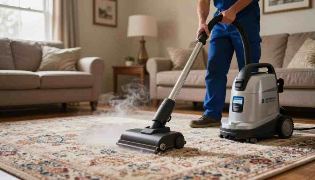A professional carpet cleaning technician in a neat uniform, showcasing expertise, is actively engaged in hot water extraction cleaning a plush, faded carpet in an inviting living room setting. In the foreground, there’s a high-tech carpet cleaning machine, expertly operated, with steam rising gently from the carpet fibers. The middle ground features rich textures of the carpet being cleaned, emphasizing the high-quality results of over 30 years of experience. In the background, a sunlit window illuminates warm wood tones in the room, creating a cozy atmosphere. The branding "Lake Geneva Carpet Cleaning" is subtly reflected on the cleaning machine, reinforcing trust and professionalism. The scene should be shot from a slightly low angle, enhancing the technician's expertise, with soft, natural lighting to evoke a reassuring, clean environment. A professional carpet cleaning technician in a neat uniform, showcasing expertise, is actively engaged in hot water extraction cleaning a plush, faded carpet in an inviting living room setting. In the foreground, there’s a high-tech carpet cleaning machine, expertly operated, with steam rising gently from the carpet fibers. The middle ground features rich textures of the carpet being cleaned, emphasizing the high-quality results of over 30 years of experience. In the background, a sunlit window illuminates warm wood tones in the room, creating a cozy atmosphere. The branding "Lake Geneva Carpet Cleaning" is subtly reflected on the cleaning machine, reinforcing trust and professionalism. The scene should be shot from a slightly low angle, enhancing the technician's expertise, with soft, natural lighting to evoke a reassuring, clean environment.