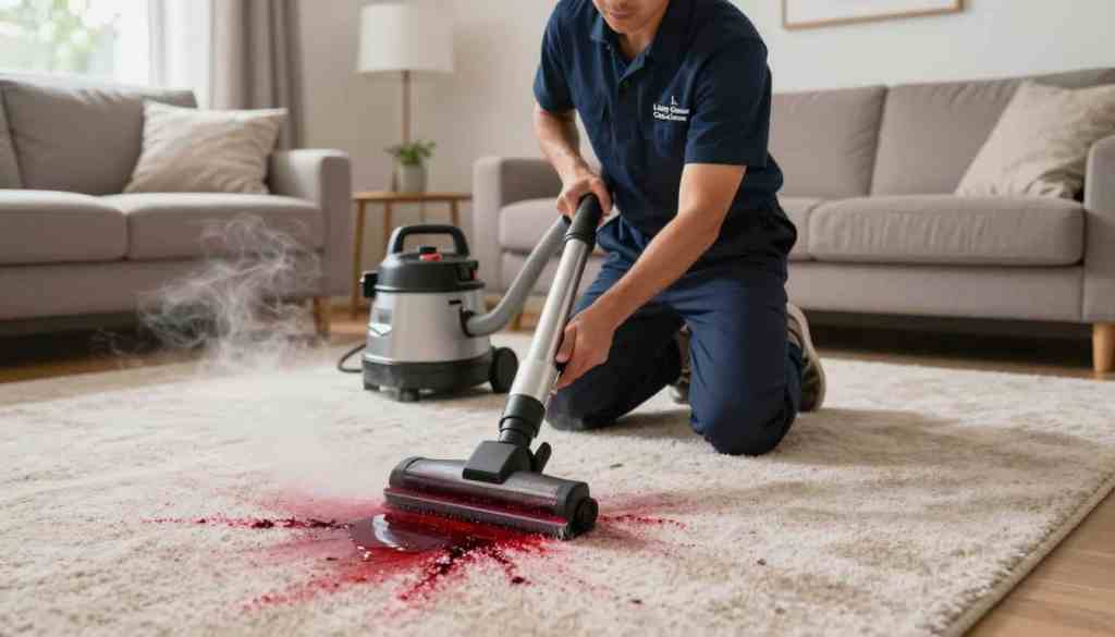 A professional carpet cleaning technician in a smart uniform is focused on removing a fresh red wine spill from a light beige carpet in a cozy rental property living room. The foreground shows the technician kneeling with a specialized carpet cleaning machine, steam rising as they work diligently. In the middle, the carpet features vibrant fibers and the distinct red stain, emphasizing the urgency of the situation. The background captures the inviting decor of a vacation rental, including modern furniture and soft lighting from a nearby window, creating a warm atmosphere. The scene is bathed in natural light, highlighting the meticulous process of urgent carpet cleaning. The branding "Lake Geneva Carpet Cleaning" is subtly indicated through the technician's attire. A professional carpet cleaning technician in a smart uniform is focused on removing a fresh red wine spill from a light beige carpet in a cozy rental property living room. The foreground shows the technician kneeling with a specialized carpet cleaning machine, steam rising as they work diligently. In the middle, the carpet features vibrant fibers and the distinct red stain, emphasizing the urgency of the situation. The background captures the inviting decor of a vacation rental, including modern furniture and soft lighting from a nearby window, creating a warm atmosphere. The scene is bathed in natural light, highlighting the meticulous process of urgent carpet cleaning. The branding "Lake Geneva Carpet Cleaning" is subtly indicated through the technician's attire.