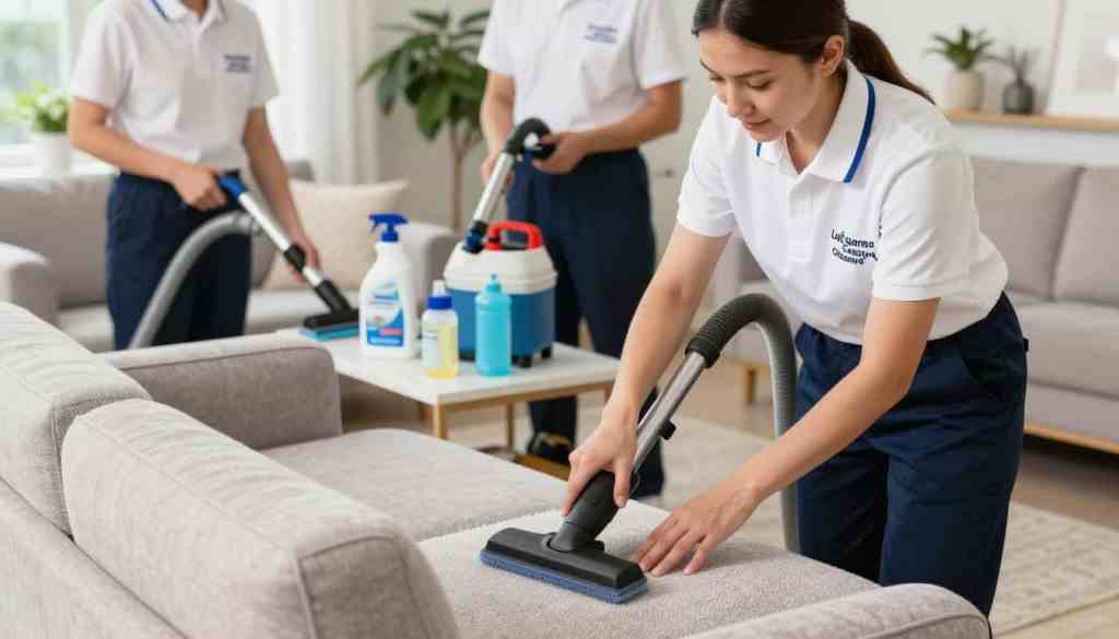 A professional cleaning service in action, showcasing a team member in a crisp uniform from "Lake Geneva Carpet Cleaning," using advanced cleaning equipment on a fabric upholstered sofa. The scene is set indoors, with clear, bright lighting highlighting the texture of the upholstery. In the foreground, focus on the professional's careful attention to detail as they gently scrub the fabric. The middle layer features various cleaning tools and supplies organized neatly on a nearby table. In the background, a well-lit living room with plants and tasteful decorations creates a warm, inviting atmosphere. The overall mood conveys expertise, cleanliness, and professionalism, emphasizing the quality of professional services over DIY methods.