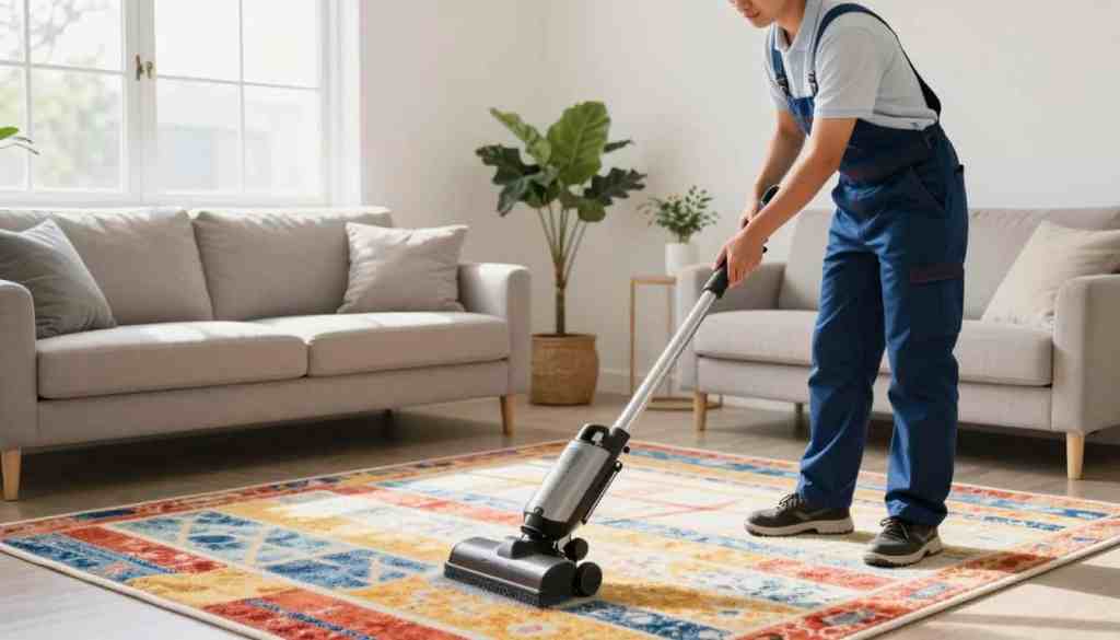 A professional rug cleaning team from Lake Geneva Carpet Cleaning at work in a bright, well-lit living room in Walworth County. In the foreground, a technician in smart, modest business attire carefully cleans a vibrant area rug using advanced cleaning equipment. The middle ground features a stylish sofa and decorative plants, creating a homely and inviting atmosphere. In the background, a window allows soft, natural light to stream in, highlighting the rug's texture and colors. The overall mood is fresh and enthusiastic, emphasizing the importance of professional carpet care for longevity. The setting is tidy and organized, showcasing a commitment to quality service. A professional rug cleaning team from Lake Geneva Carpet Cleaning at work in a bright, well-lit living room in Walworth County. In the foreground, a technician in smart, modest business attire carefully cleans a vibrant area rug using advanced cleaning equipment. The middle ground features a stylish sofa and decorative plants, creating a homely and inviting atmosphere. In the background, a window allows soft, natural light to stream in, highlighting the rug's texture and colors. The overall mood is fresh and enthusiastic, emphasizing the importance of professional carpet care for longevity. The setting is tidy and organized, showcasing a commitment to quality service.