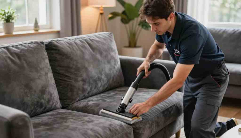 A professional upholstery cleaning technician wearing a stylish uniform, carefully working on a luxurious, plush sofa in a cozy living room. The sofa is deep gray with soft textures, and the technician is using advanced cleaning equipment with attachments specifically designed for fabric care. In the background, warm ambient light filters through a window, illuminating elegant decor and a few indoor plants, creating a welcoming atmosphere. The focus is on the technician's meticulous process, highlighting the cleaning action. The overall mood is clean, efficient, and reassuring, depicting an expert service by "Lake Geneva Carpet Cleaning." The angle should be slightly elevated, providing a clear view of the technician's efforts while capturing the inviting interior setting. A professional upholstery cleaning technician wearing a stylish uniform, carefully working on a luxurious, plush sofa in a cozy living room. The sofa is deep gray with soft textures, and the technician is using advanced cleaning equipment with attachments specifically designed for fabric care. In the background, warm ambient light filters through a window, illuminating elegant decor and a few indoor plants, creating a welcoming atmosphere. The focus is on the technician's meticulous process, highlighting the cleaning action. The overall mood is clean, efficient, and reassuring, depicting an expert service by "Lake Geneva Carpet Cleaning." The angle should be slightly elevated, providing a clear view of the technician's efforts while capturing the inviting interior setting.