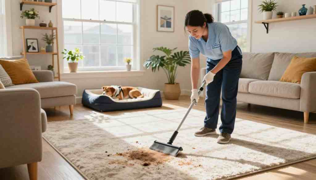 A small, cozy Airbnb living room with vibrant, pet-friendly decor, featuring a plush area rug prominently in the foreground. A professional cleaner, dressed in a neat uniform with the brand name "Lake Geneva Carpet Cleaning" visible, is attentively working to remove stains from the carpet. In the middle ground, a dog lay peacefully on a dog bed, highlighting the pet-friendly atmosphere. Natural light streams in through large windows, creating a warm and inviting ambiance. In the background, shelves with neatly arranged décor and houseplants add a touch of charm, contributing to a homely feel. The overall mood is fresh and clean, reflecting an effective cleaning service for managing carpet odors in pet-friendly spaces. A small, cozy Airbnb living room with vibrant, pet-friendly decor, featuring a plush area rug prominently in the foreground. A professional cleaner, dressed in a neat uniform with the brand name "Lake Geneva Carpet Cleaning" visible, is attentively working to remove stains from the carpet. In the middle ground, a dog lay peacefully on a dog bed, highlighting the pet-friendly atmosphere. Natural light streams in through large windows, creating a warm and inviting ambiance. In the background, shelves with neatly arranged décor and houseplants add a touch of charm, contributing to a homely feel. The overall mood is fresh and clean, reflecting an effective cleaning service for managing carpet odors in pet-friendly spaces.