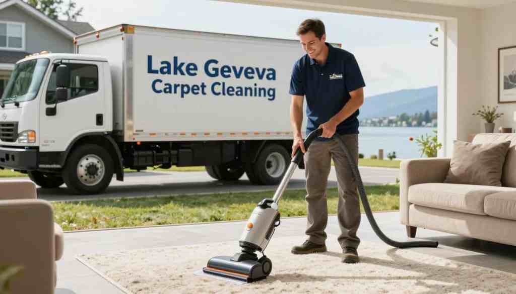 A split-scene image illustrating the contrast between local and national carpet cleaners. In the foreground, a friendly and professional carpet cleaner from "Lake Geneva Carpet Cleaning" is smiling while expertly using a high-quality carpet cleaning machine on a bright, clean living room rug. He is dressed in a branded shirt and casual pants, exuding professionalism and approachability. In the middle ground, a national brand truck is parked outside a house with a slightly disheveled appearance, suggesting less personal care and connection. The background features a serene Lake Geneva landscape with soft, natural lighting, creating a warm and inviting atmosphere. The overall mood conveys trust, community, and quality service, emphasizing the benefits of local over national options. A split-scene image illustrating the contrast between local and national carpet cleaners. In the foreground, a friendly and professional carpet cleaner from "Lake Geneva Carpet Cleaning" is smiling while expertly using a high-quality carpet cleaning machine on a bright, clean living room rug. He is dressed in a branded shirt and casual pants, exuding professionalism and approachability. In the middle ground, a national brand truck is parked outside a house with a slightly disheveled appearance, suggesting less personal care and connection. The background features a serene Lake Geneva landscape with soft, natural lighting, creating a warm and inviting atmosphere. The overall mood conveys trust, community, and quality service, emphasizing the benefits of local over national options.