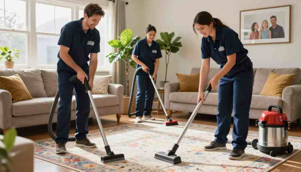 A team of professional carpet cleaners from Lake Geneva Carpet Cleaning, wearing branded uniforms, is in action in a cozy living room filled with plush furniture and a colorful area rug. In the foreground, one cleaner uses a high-powered steam cleaner, carefully treating a section of the carpet, while another examines the fiber with a brush. The middle ground showcases vibrant, well-maintained plants and warm light streaming through a window, creating an inviting atmosphere. In the background, a family portrait and tasteful decor add a personal touch to the room. The lighting is bright and natural, highlighting the cleanliness of the space, and the camera angle is slightly above eye level, emphasizing both the professionalism of the cleaners and the homey environment. The overall mood conveys trust, expertise, and a commitment to quality service.