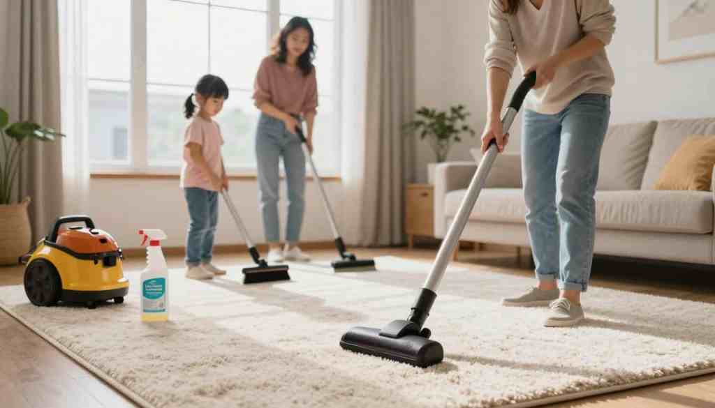 A visually engaging scene showcasing preventative maintenance tips for long-lasting carpets, set in a well-lit, cozy living room. In the foreground, a clean, plush carpet is featured with a few essential tools for maintenance: a vacuum cleaner, carpet brush, and a bottle of carpet cleaner with a label reading "Lake Geneva Carpet Cleaning." The middle ground includes a family engaging in carpet care, dressed in casual yet tidy clothing, as they brush or vacuum, demonstrating teamwork and care. In the background, a large window allows soft natural light to fill the room, casting gentle shadows and enhancing the warm, inviting atmosphere. The mood reflects a sense of responsibility and dedication to home upkeep, inviting viewers to consider the long-term benefits of maintenance. A visually engaging scene showcasing preventative maintenance tips for long-lasting carpets, set in a well-lit, cozy living room. In the foreground, a clean, plush carpet is featured with a few essential tools for maintenance: a vacuum cleaner, carpet brush, and a bottle of carpet cleaner with a label reading "Lake Geneva Carpet Cleaning." The middle ground includes a family engaging in carpet care, dressed in casual yet tidy clothing, as they brush or vacuum, demonstrating teamwork and care. In the background, a large window allows soft natural light to fill the room, casting gentle shadows and enhancing the warm, inviting atmosphere. The mood reflects a sense of responsibility and dedication to home upkeep, inviting viewers to consider the long-term benefits of maintenance.