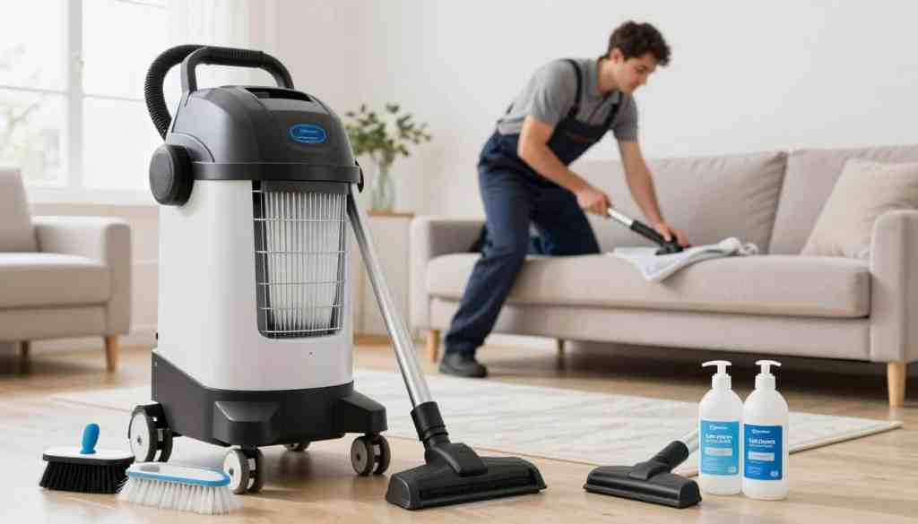 A well-lit indoor setting showcasing high-quality professional equipment for allergen removal, prominently featuring a powerful upholstery cleaning machine with advanced filtration. In the foreground, neatly organized cleaning tools, such as brushes, a vacuum nozzle, and allergen-removal solutions, demonstrate efficiency. The middle ground highlights a technician in professional attire, focused on cleaning a plush sofa, emphasizing a dedicated approach to allergen elimination. The background shows a tidy living room with minimalistic decor and natural light streaming through a window, creating a fresh and inviting atmosphere. The overall mood conveys professionalism and effectiveness in tackling allergies. Include the brand name "Lake Geneva Carpet Cleaning" subtly on the equipment.