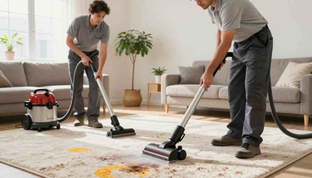 Professional carpet cleaners from Lake Geneva Carpet Cleaning are shown in action in a bright, well-lit living room. In the foreground, a team of two skilled technicians wears modest, professional work attire as they expertly use advanced carpet cleaning equipment. One technician operates a powerful steam cleaner, while the other applies a specialized odor-neutralizing solution to a vibrant, plush carpet with visible pet stains. In the middle ground, a spotless, inviting living space with minimalistic décor showcases the results of their work, with sunlight filtering through a window, creating a warm and fresh atmosphere. The background features cozy furniture and greenery, enhancing the cleanliness and comfort of the scene. The overall mood conveys professionalism and expertise, highlighting the effective techniques used to eliminate pet odors.