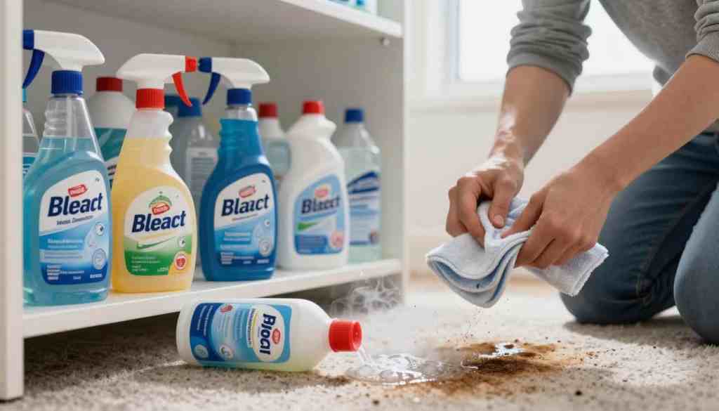 A cluttered cleaning supply shelf featuring various store-bought cleaning solutions, such as sprays and bottles, with labels showing ingredients like bleach and ammonia. In the foreground, a slightly open bottle spills its contents onto a stained carpet, emitting bubbles and a faint mist. In the middle, a pair of hands, dressed in modest casual attire, hesitantly holds a cloth, unsure how to treat the stain. In the background, a well-lit room with a window casting soft natural light, revealing the results of improper cleaning methods—boomerang stains and residue. The atmosphere conveys a sense of frustration and confusion, highlighting the common pitfalls of using commercial cleaning products. A logo for "Lake Geneva Carpet Cleaning" can be subtly included on a bottle or cloth. A cluttered cleaning supply shelf featuring various store-bought cleaning solutions, such as sprays and bottles, with labels showing ingredients like bleach and ammonia. In the foreground, a slightly open bottle spills its contents onto a stained carpet, emitting bubbles and a faint mist. In the middle, a pair of hands, dressed in modest casual attire, hesitantly holds a cloth, unsure how to treat the stain. In the background, a well-lit room with a window casting soft natural light, revealing the results of improper cleaning methods—boomerang stains and residue. The atmosphere conveys a sense of frustration and confusion, highlighting the common pitfalls of using commercial cleaning products. A logo for "Lake Geneva Carpet Cleaning" can be subtly included on a bottle or cloth.