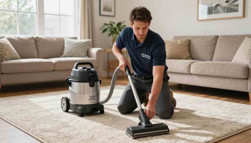 A professional carpet cleaner from "Lake Geneva Carpet Cleaning" is at work in a cozy home environment in Burlington, WI. In the foreground, focus on an attentive technician, dressed in smart business attire, kneeling beside a well-maintained carpet, skillfully using a professional carpet cleaning machine. The technician is engaged, showcasing dedication to quality service. In the middle ground, display a bright and inviting living room with warm natural light streaming through large windows, accentuating the cleanliness of the space. The background features tasteful decorations and plants, contributing to a welcoming atmosphere. The mood is uplifting and reassuring, conveying trust and professionalism in owner-operated businesses. The image captures the essence of personal service and care in carpet cleaning, emphasizing the commitment to customer satisfaction. A professional carpet cleaner from "Lake Geneva Carpet Cleaning" is at work in a cozy home environment in Burlington, WI. In the foreground, focus on an attentive technician, dressed in smart business attire, kneeling beside a well-maintained carpet, skillfully using a professional carpet cleaning machine. The technician is engaged, showcasing dedication to quality service. In the middle ground, display a bright and inviting living room with warm natural light streaming through large windows, accentuating the cleanliness of the space. The background features tasteful decorations and plants, contributing to a welcoming atmosphere. The mood is uplifting and reassuring, conveying trust and professionalism in owner-operated businesses. The image captures the essence of personal service and care in carpet cleaning, emphasizing the commitment to customer satisfaction.