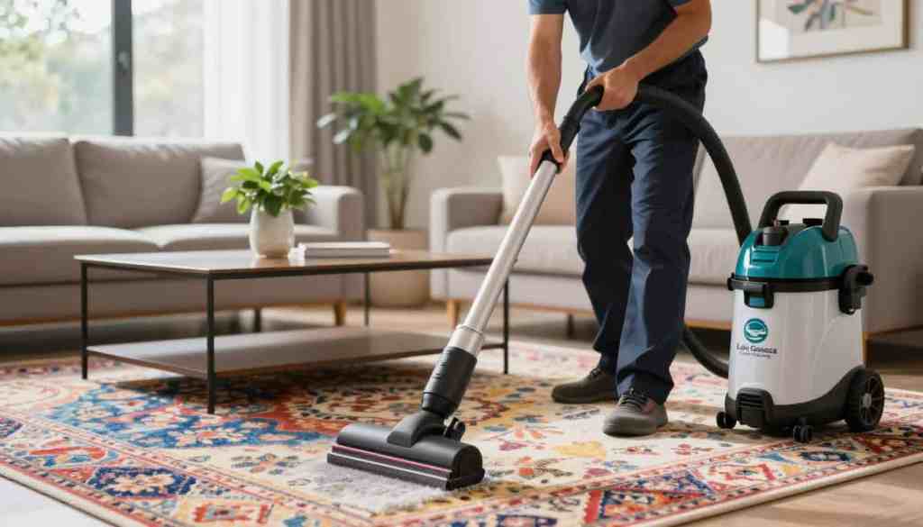 A professional carpet cleaner in business attire, confidently demonstrating their skills while cleaning a vibrant, patterned carpet in a modern, well-lit living room. The foreground features the cleaner using advanced carpet cleaning equipment, showcasing precision and expertise. In the middle ground, a well-maintained coffee table with a fresh plant enhances the cozy atmosphere, reflecting a welcoming environment. The background includes large windows letting in soft, natural light, creating a warm and inviting mood. Subtle details like the "Lake Geneva Carpet Cleaning" logo on the cleaning equipment and a series of colorful, clean carpets highlight the professionalism of the service. The composition should evoke trust, quality, and efficiency in carpet cleaning.