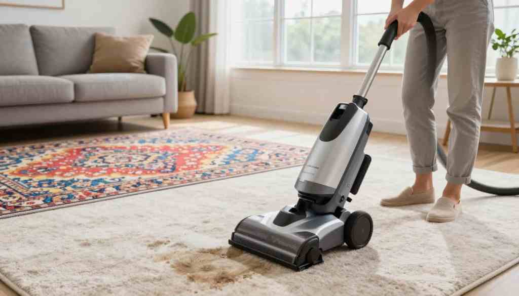 A professional carpet cleaning scene set in Burlington, WI, featuring a clean and well-lit living room. In the foreground, a person in modest casual attire is using a modern carpet cleaning machine, expertly removing stains from a plush carpet. In the middle ground, a vibrant, colorful area rug lies on the floor, showcasing its intricate patterns and clean texture. The background reveals a cozy home setting with soft, natural lighting streaming in through large windows, illuminating the space. The atmosphere is inviting and fresh, evoking a sense of cleanliness and comfort. Include the brand name "Lake Geneva Carpet Cleaning" subtly integrated into the design, ensuring it appears official yet unobtrusive. A professional carpet cleaning scene set in Burlington, WI, featuring a clean and well-lit living room. In the foreground, a person in modest casual attire is using a modern carpet cleaning machine, expertly removing stains from a plush carpet. In the middle ground, a vibrant, colorful area rug lies on the floor, showcasing its intricate patterns and clean texture. The background reveals a cozy home setting with soft, natural lighting streaming in through large windows, illuminating the space. The atmosphere is inviting and fresh, evoking a sense of cleanliness and comfort. Include the brand name "Lake Geneva Carpet Cleaning" subtly integrated into the design, ensuring it appears official yet unobtrusive.