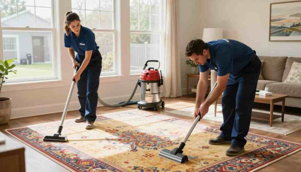A professional carpet cleaning team from "Lake Geneva Carpet Cleaning" is portrayed in a bright, airy room filled with natural light pouring in from large windows. In the foreground, two skilled carpet cleaners, one woman and one man, are diligently working on a vibrant area rug, showcasing their expertise with care and precision. Both are dressed in smart uniforms, embodying professionalism. In the middle ground, cleaning equipment like steam cleaners and towels are thoughtfully arranged, emphasizing local expertise. The background features a tasteful, cozy living space that perfectly highlights the benefits of expert cleaning. The atmosphere is warm and inviting, illustrating the trust and satisfaction clients can feel in choosing local over national chains. Shot from a slightly elevated angle to capture the entire scene.