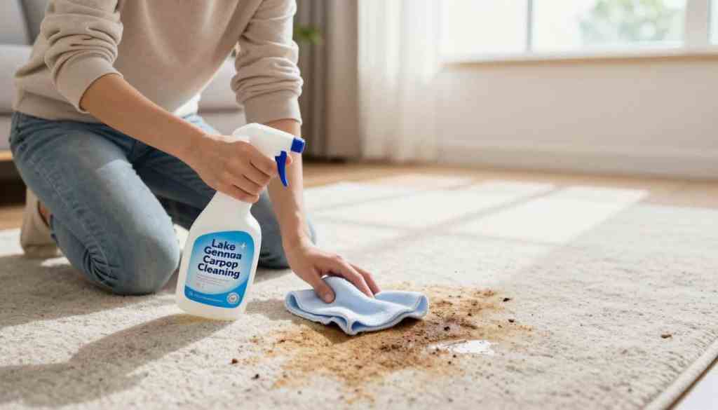 A vivid illustration of DIY spot cleaners in action, showcasing a professional-looking individual wearing modest casual clothing, focused intently on a carpet stain in a well-lit room. In the foreground, the person crouches beside a carpet, holding a spray bottle labeled "Lake Geneva Carpet Cleaning" with a cloth in hand, as they apply the cleaning solution to a stubborn stain. The middle ground features a partially cleaned area of the carpet with residue, symbolizing the challenge of DIY methods. The background shows a cozy living room with soft natural light streaming through a window, creating a warm atmosphere. The image captures the essence of the science behind spot cleaning, with a subtle emphasis on the contrast between the cleaned and stained sections of the carpet. A vivid illustration of DIY spot cleaners in action, showcasing a professional-looking individual wearing modest casual clothing, focused intently on a carpet stain in a well-lit room. In the foreground, the person crouches beside a carpet, holding a spray bottle labeled "Lake Geneva Carpet Cleaning" with a cloth in hand, as they apply the cleaning solution to a stubborn stain. The middle ground features a partially cleaned area of the carpet with residue, symbolizing the challenge of DIY methods. The background shows a cozy living room with soft natural light streaming through a window, creating a warm atmosphere. The image captures the essence of the science behind spot cleaning, with a subtle emphasis on the contrast between the cleaned and stained sections of the carpet.