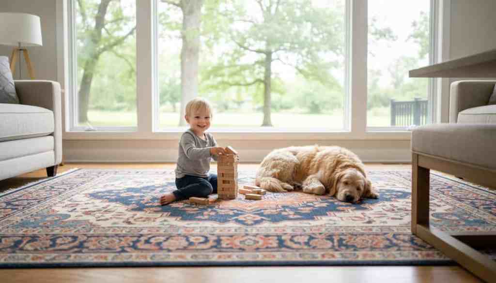 Dog and cat resting on a freshly cleaned living room carpet in Lake Geneva, WI