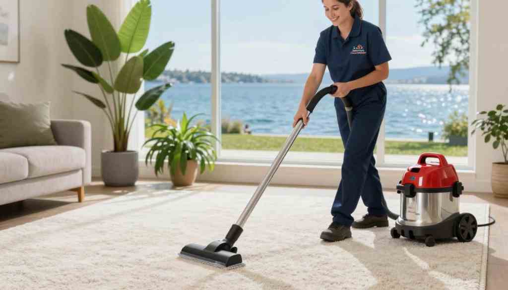 Vibrant and inviting image showcasing a pristine residential carpet cleaning scene near Lake Geneva, WI. In the foreground, a friendly, professional carpet cleaner in smart business attire expertly operates a high-quality steam cleaner on a beautiful, light-colored carpet, showcasing its clean texture. In the middle ground, there are lush green plants symbolizing a clean environment and hints of a cozy living room with soft lighting. In the background, a scenic view of Lake Geneva is visible through a large window, with serene blue waters and gentle waves. The atmosphere is calm and welcoming, evoking trust and professionalism in the service provided by "Lake Geneva Carpet Cleaning". Emphasize bright, natural lighting to highlight cleanliness and freshness.