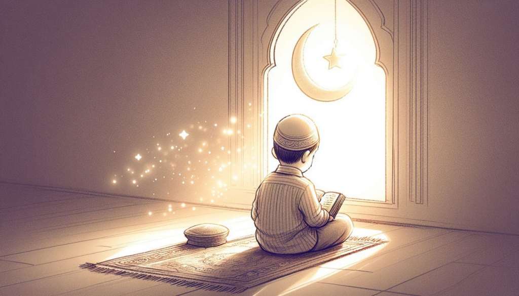 Young Muslim boy reading Quran near a window during Ramadan, with soft light and a glowing crescent moon