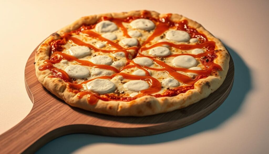Delicious white pizza with hot honey base preparation Delicious white pizza with hot honey base preparation