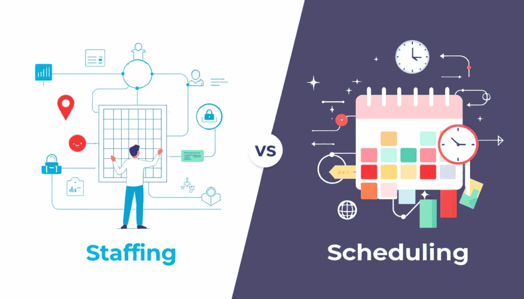 A visual representation of the differences between staffing and scheduling.
