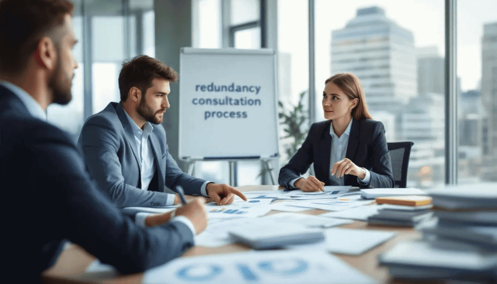 In the image, a business meeting is taking place with several documents on the table, discussing the redundancy consultation process. The papers include information about statutory redundancy pay, eligibility criteria, and the implications of an employer being insolvent.