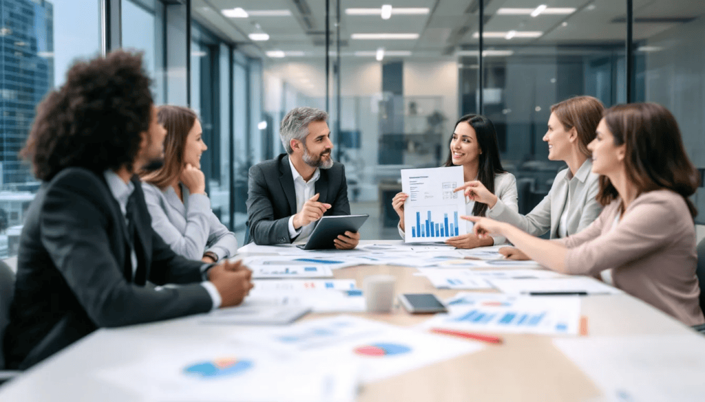 The image depicts a business meeting where participants are discussing annual leave policies, surrounded by charts and documents outlining holiday entitlements, including statutory leave and unused annual leave. Key topics include the legal responsibilities regarding paid holiday and how employees accrue annual leave within their employment contracts.