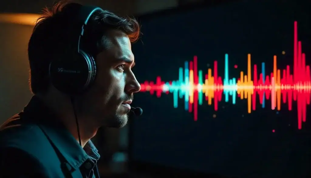 A man with headphones intently focuses on a screen displaying colorful sound waves. The image conveys concentration and a tech-driven atmosphere.