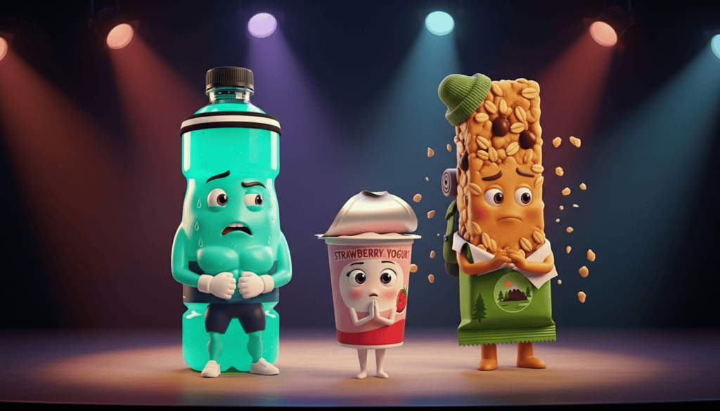 Chili Pepper roasting sports drink, flavored yogurt, and granola bar characters on a dark comedy stage