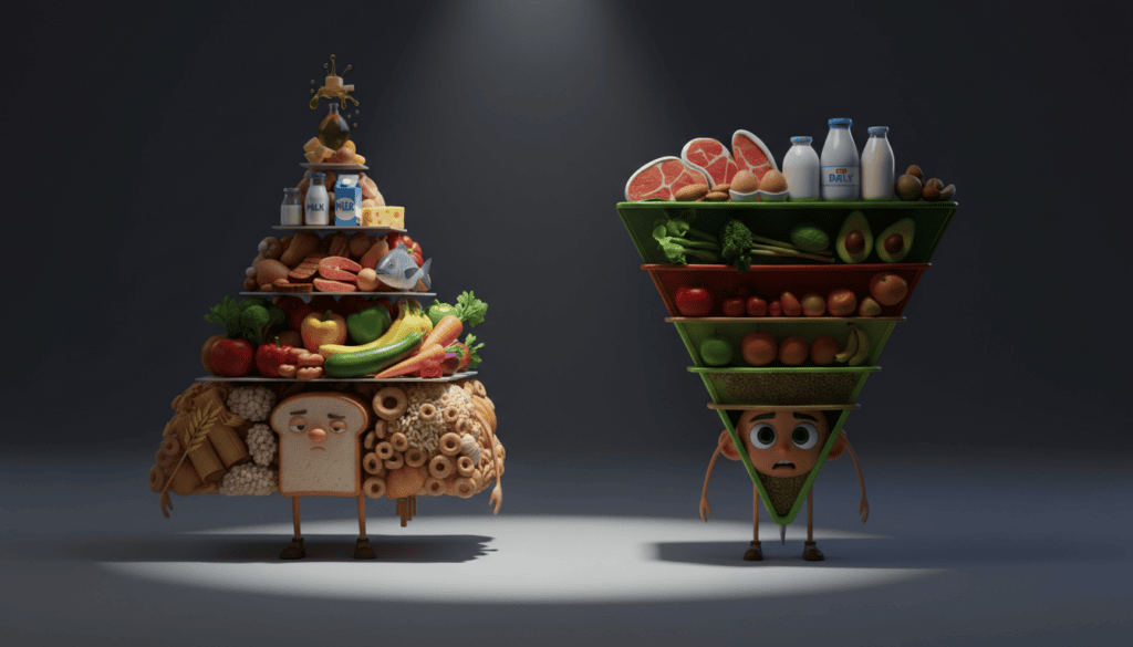 1992 Food Pyramid and 2026 Inverted Pyramid characters facing off representing four decades of changing dietary guideline