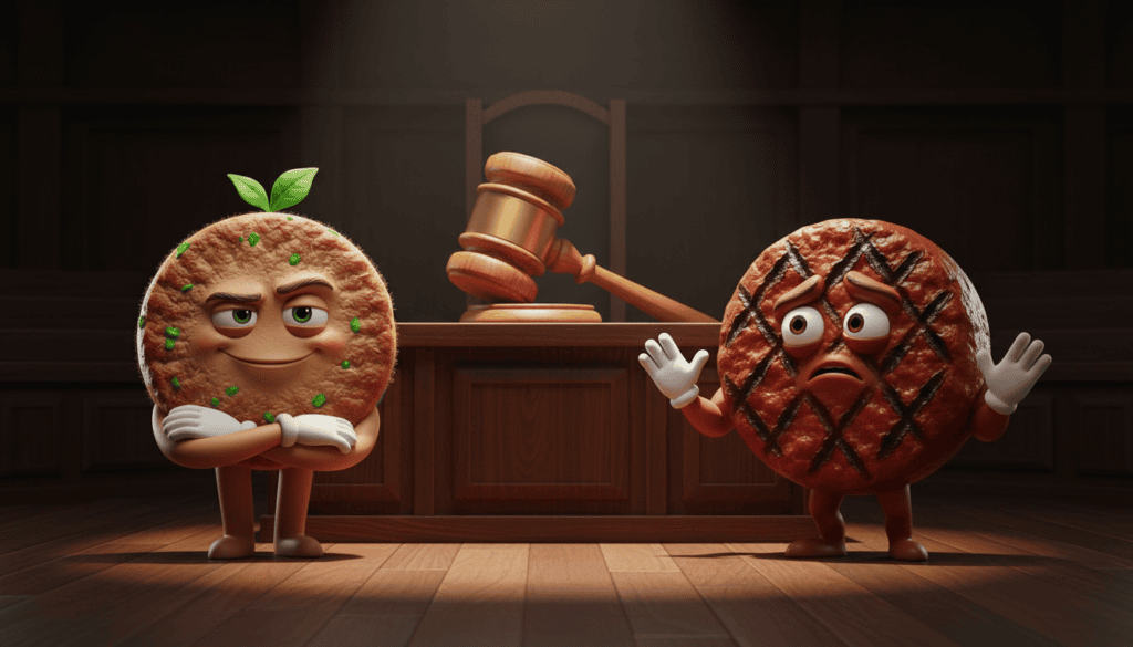 Plant-based burger and beef burger characters facing off in a courtroom setting