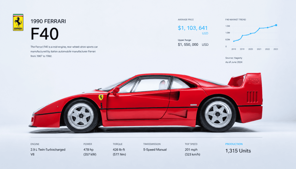 Prix Ferrari F40 : cote, fourchettes et ce que vaut vraiment la légende en 2026