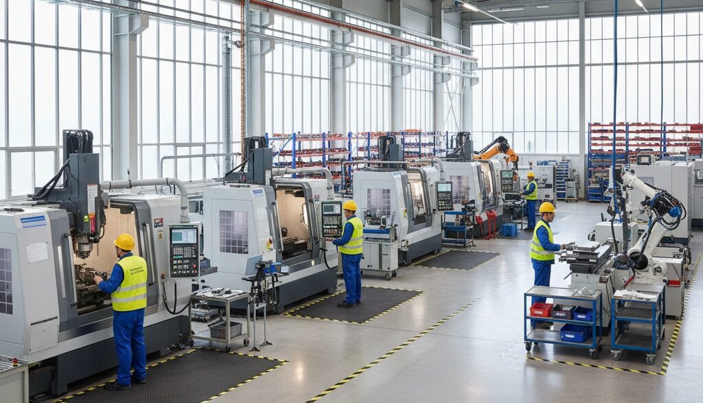 Mehrere Arbeiter stehen vor ihren Maschinen in einer Halle bei einer Maschinenbaufirma