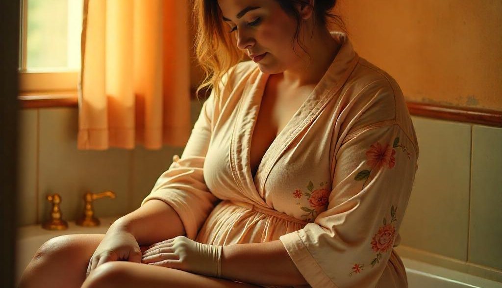 Frau mit Cellulite massiert die Beine mit einem Handschuh