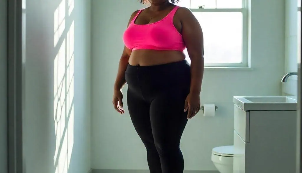 Kräftige Frau mit Sportdress auf Waage im Badezimmer