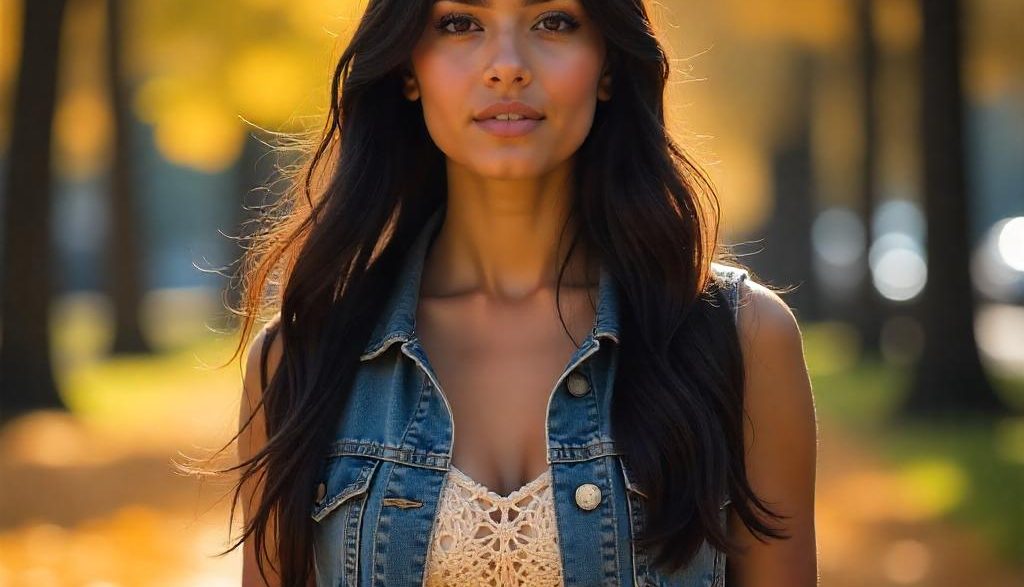 Frau mit ärmelloser Weste und Jeansweste im Wald