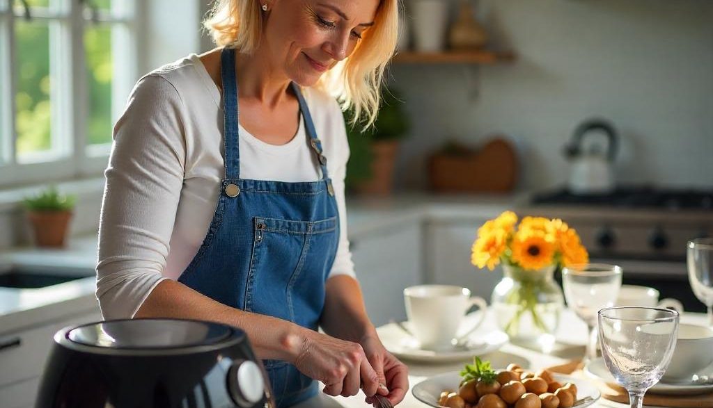 Frau die Lachs im Airfryer zubereitet und im Hintergrund ist ein gedeckter Tisch zu sehen