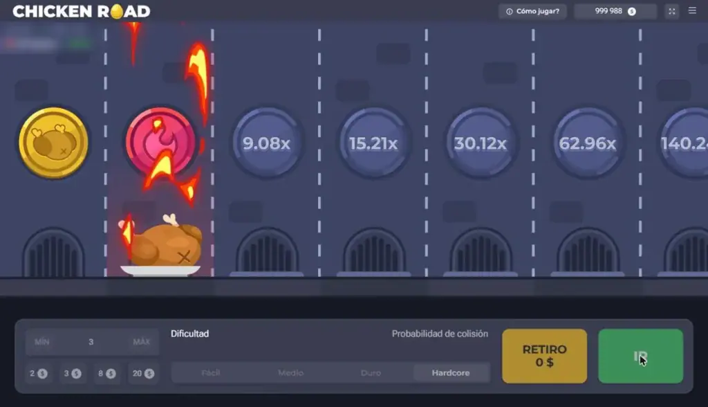 Ronda perdida en Chicken Road en nivel Hardcore: el pollo cae y el retiro queda en 0 $