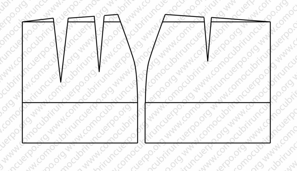Patrón base limpio del canesú de falda flamenca con pinzas reguladas y partes separadas